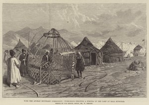 Met de Afghaanse Grenscommissie, Turkomans bouwen een Kibitka in het Kamp bij Bala Murghab door William Crimea Simpson